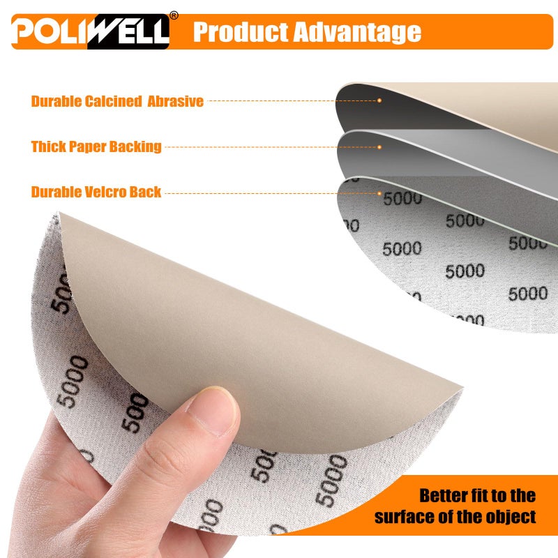POLIWELL 6 Inch (150mm) 5000 Grit High Performance Waterproof Hook & Loop Sanding Discs Heavy Duty Silicon Carbide Round Flocking Sandpaper for Wet/Dry Sanding Grinder Polishing Accessories, 20-Pack - Image 3